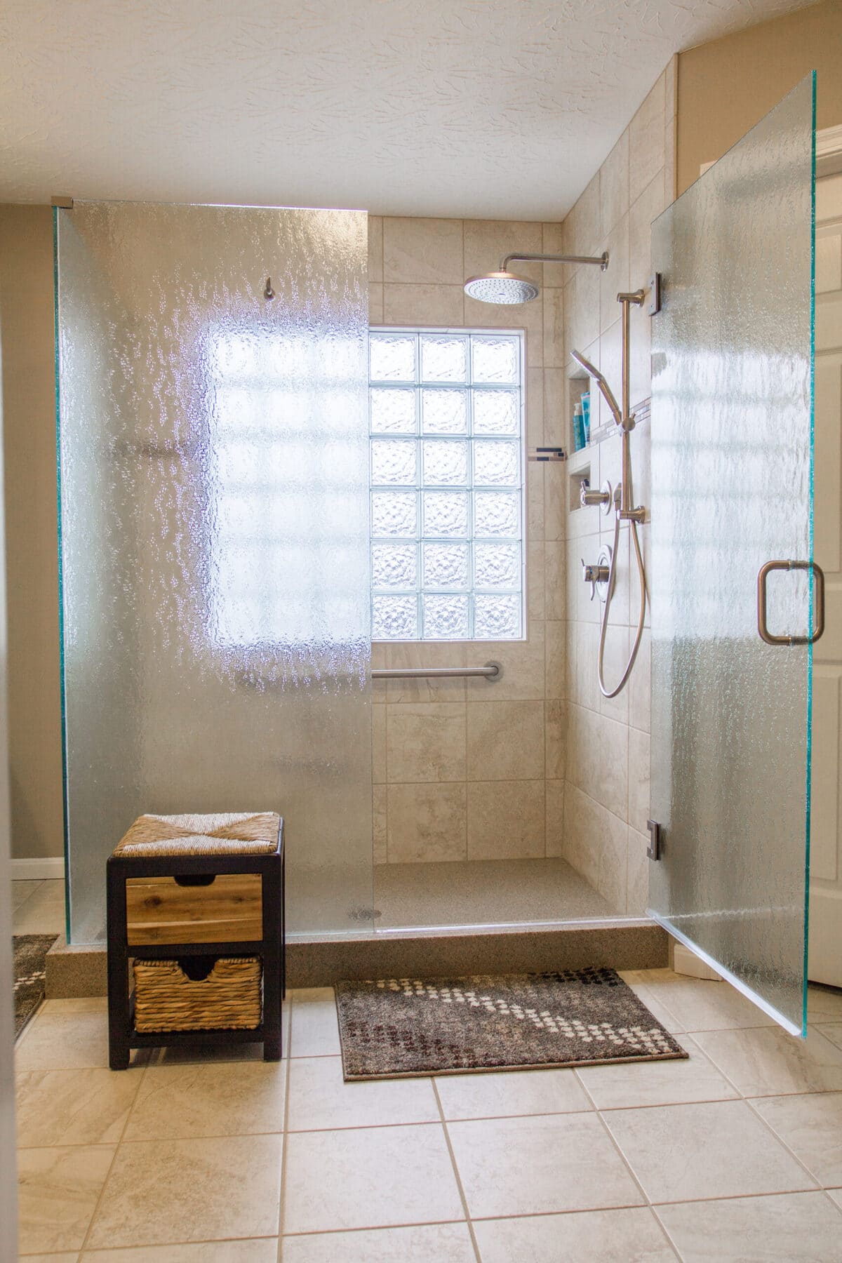 Bathroom in West Chester, OH home remodel with frosted window in walk-in shower