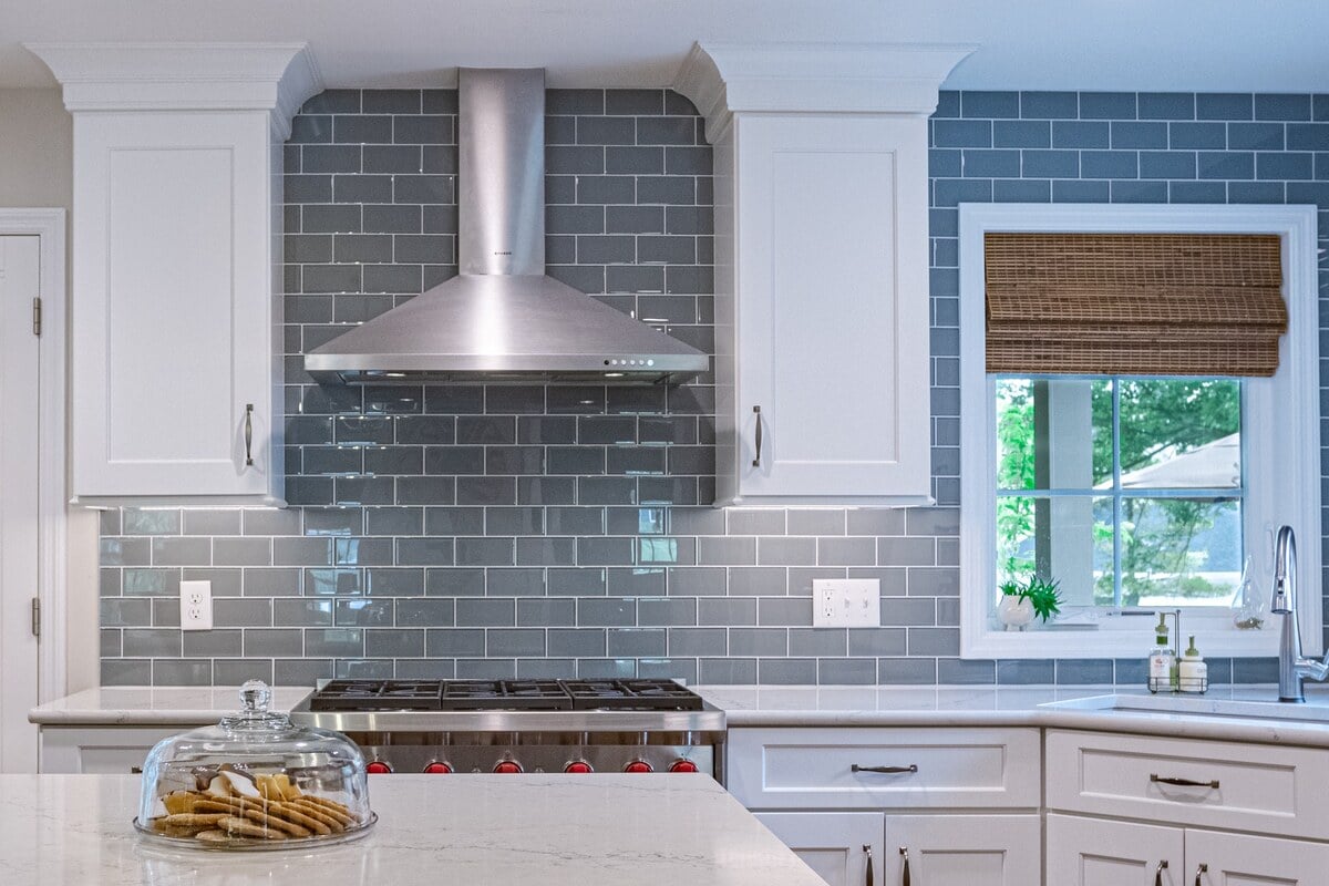 Gray subway tile behind oven and range in Swaim Park, Ohio kitchen remodel by Legacy Builders