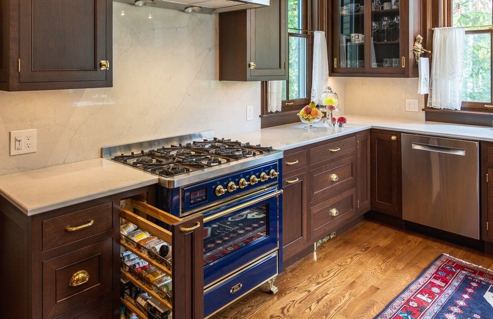 Historic kitchen remodel in Wyoming, OH by Legacy Builders with spice rack drawer