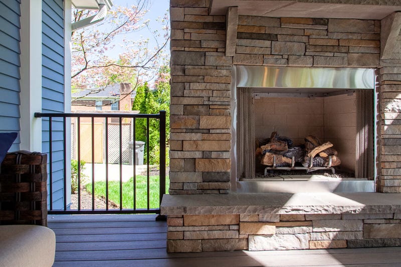 Stacked stone fireplace in Cincinnati, Ohio outdoor living space by Legacy Builders