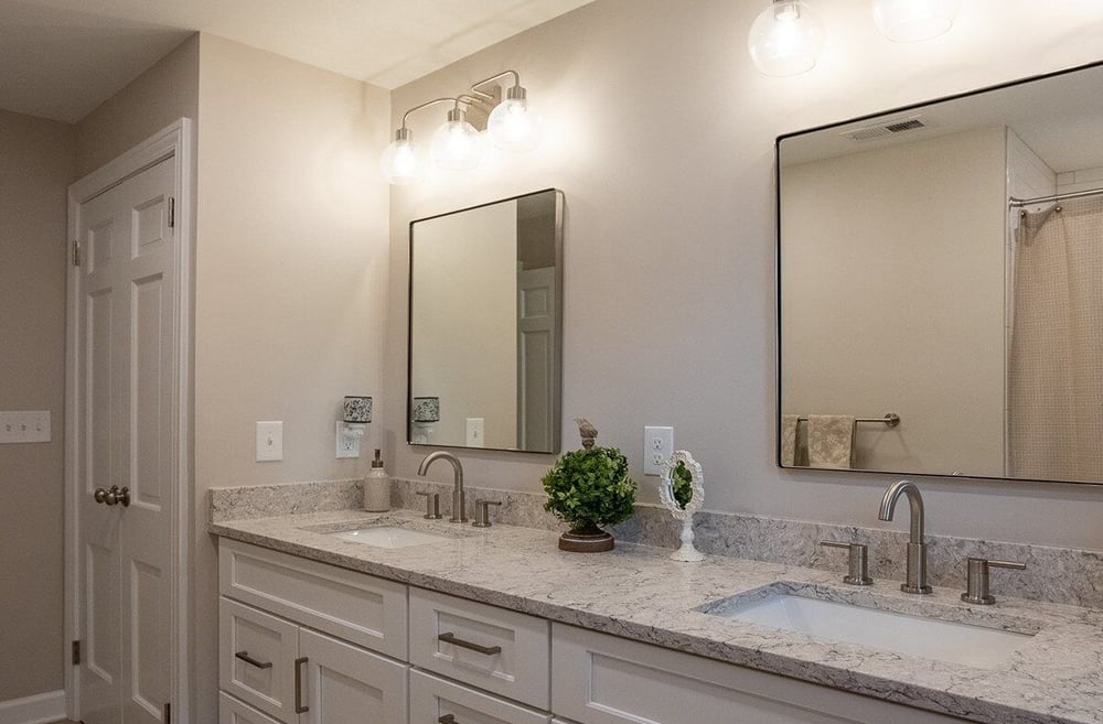 Double vanity in hall bathroom remodel in White Oak, OH with water closet layout-1