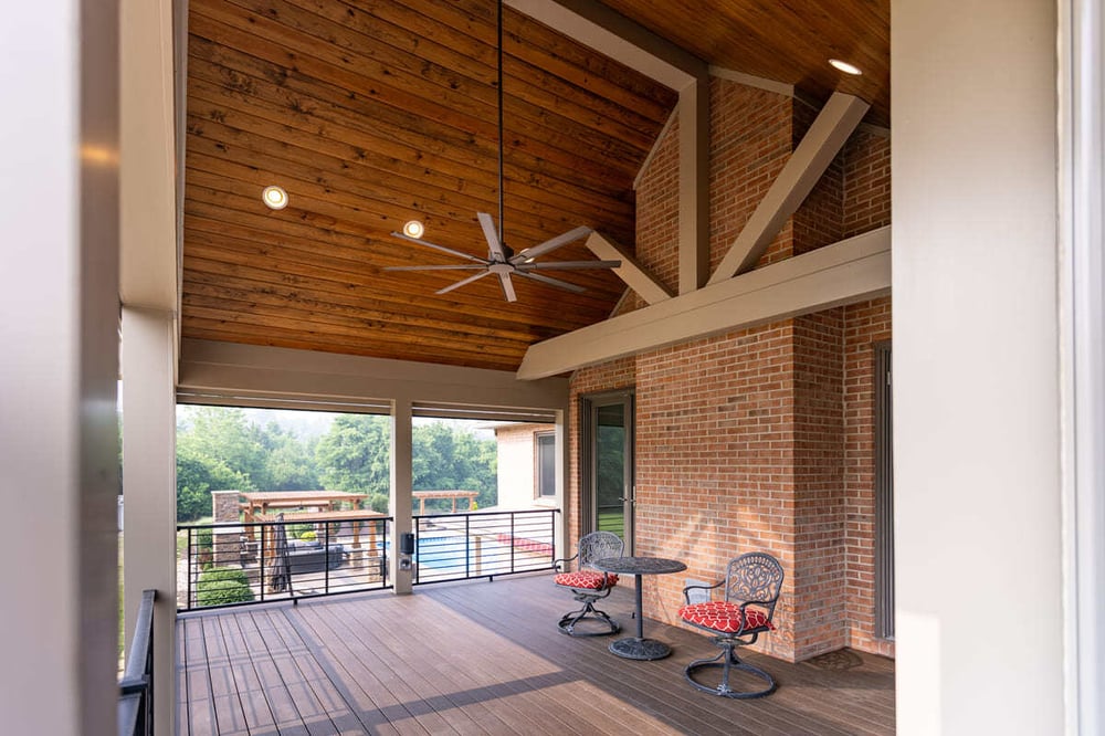 Covered deck with faux gable roof and tongue-and-groove ceiling by Legacy Builders in Cincinnati, OH